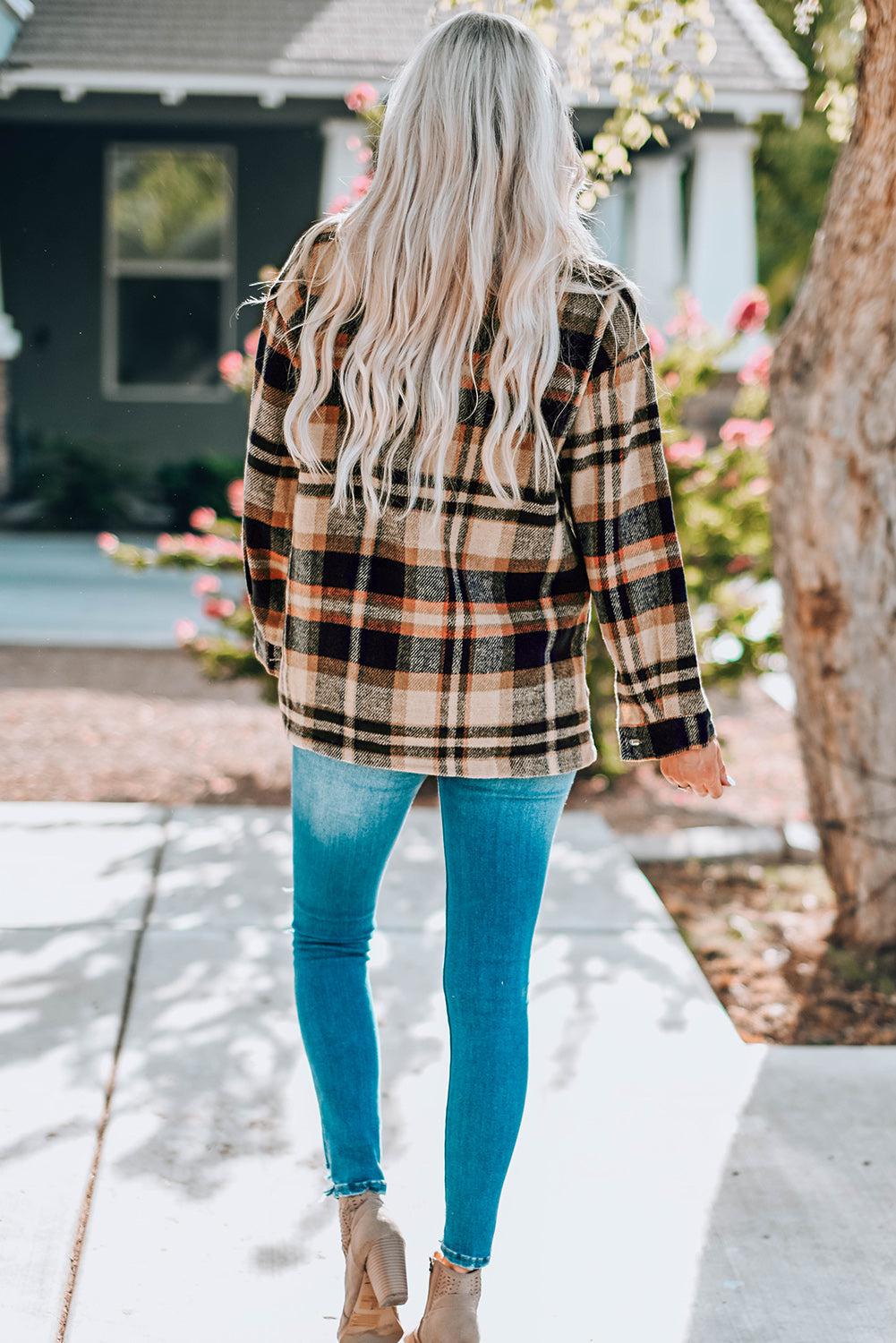 Plaid Button Front Shirt Jacket with Breast Pockets BLUE ZONE PLANET