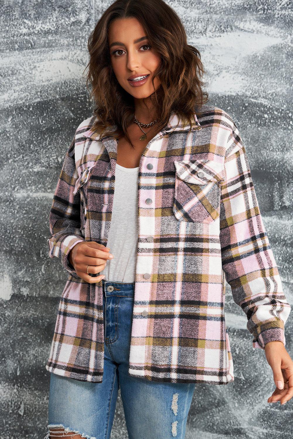 Plaid Button Front Shirt Jacket with Breast Pockets BLUE ZONE PLANET
