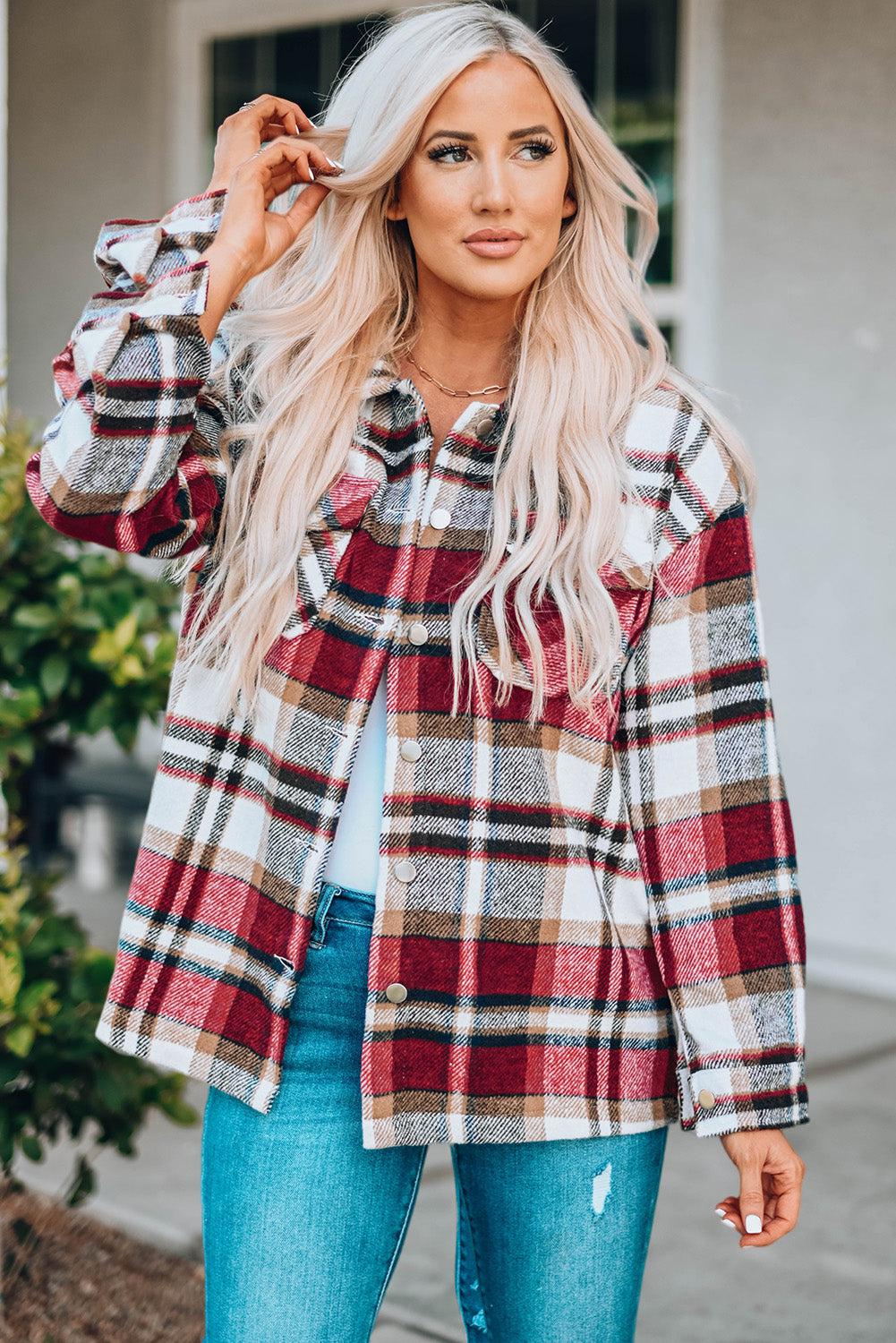 Plaid Button Front Shirt Jacket with Breast Pockets BLUE ZONE PLANET