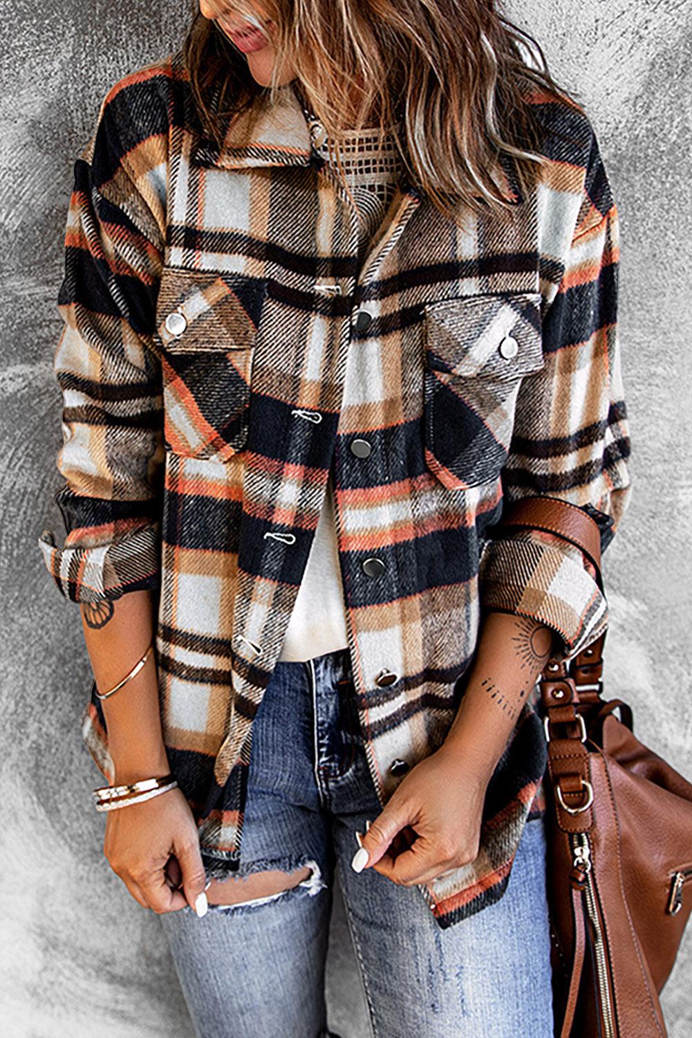 Plaid Button Front Shirt Jacket with Breast Pockets BLUE ZONE PLANET