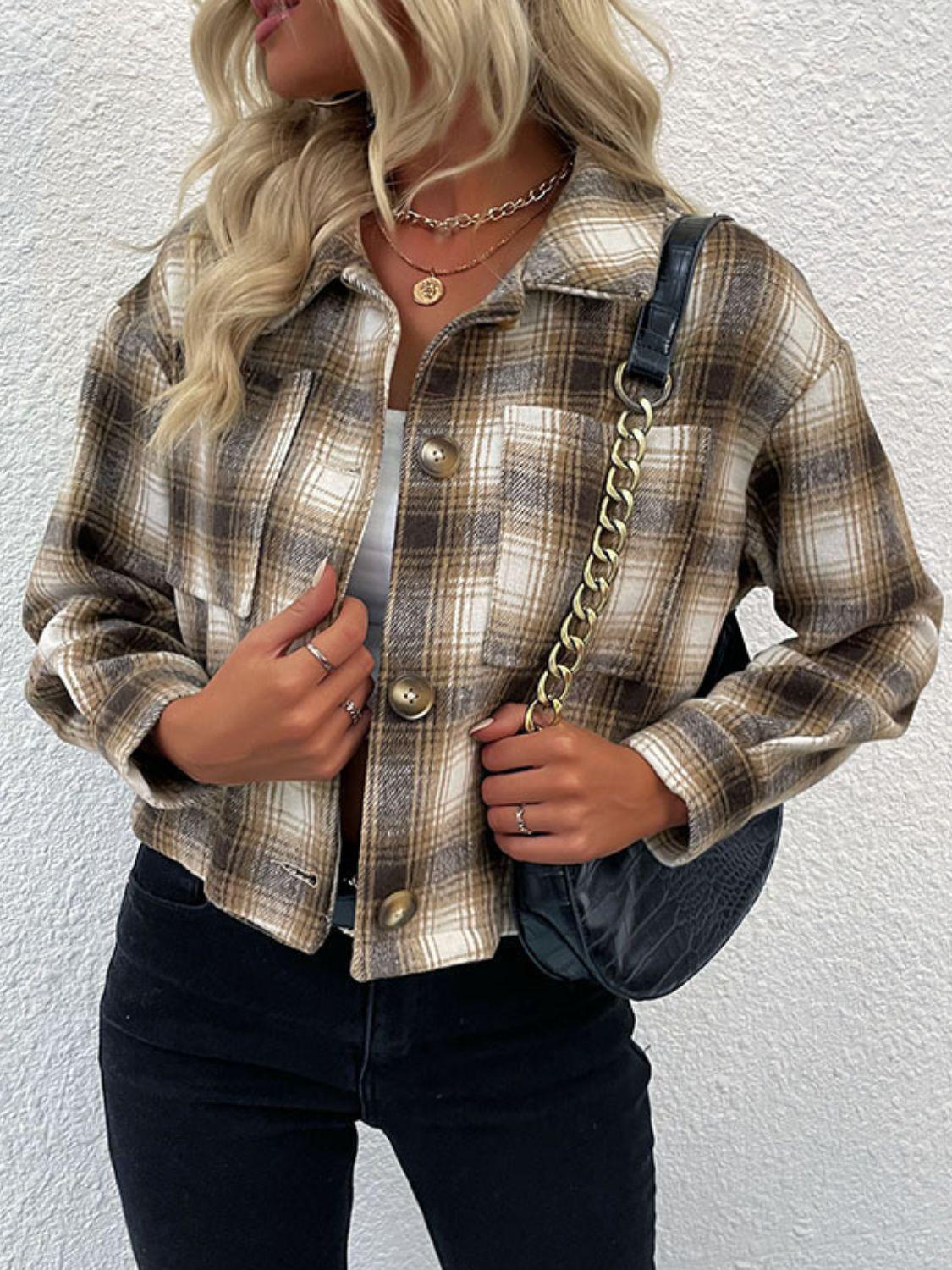Plaid Button-Up Dropped Shoulder Shacket BLUE ZONE PLANET
