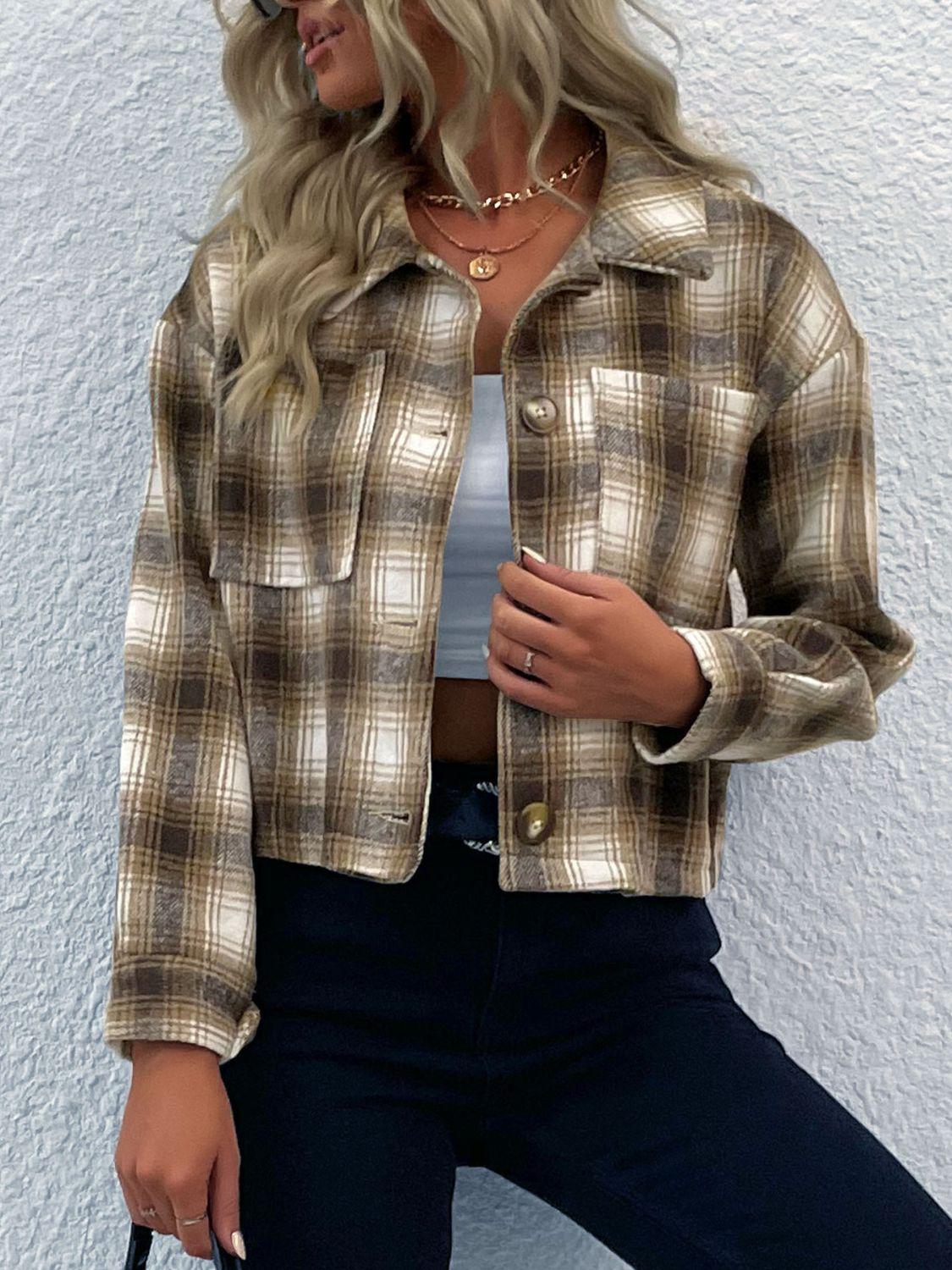 Plaid Button-Up Dropped Shoulder Shacket BLUE ZONE PLANET