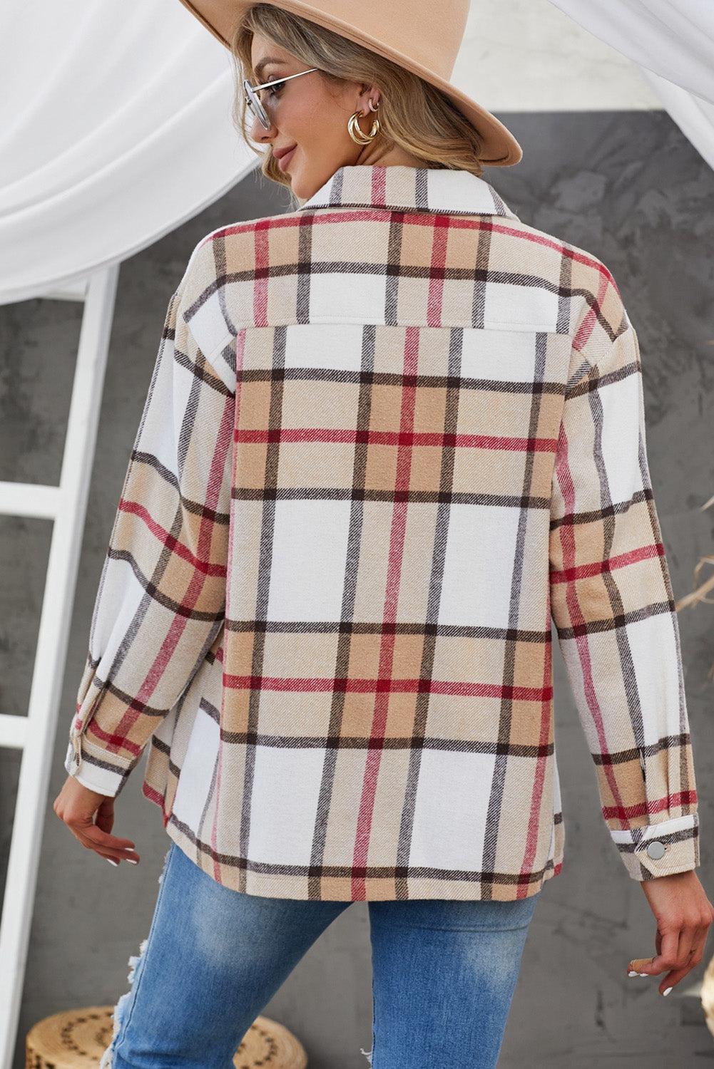 Plaid Button-Up Dropped Shoulder Shirt Jacket BLUE ZONE PLANET