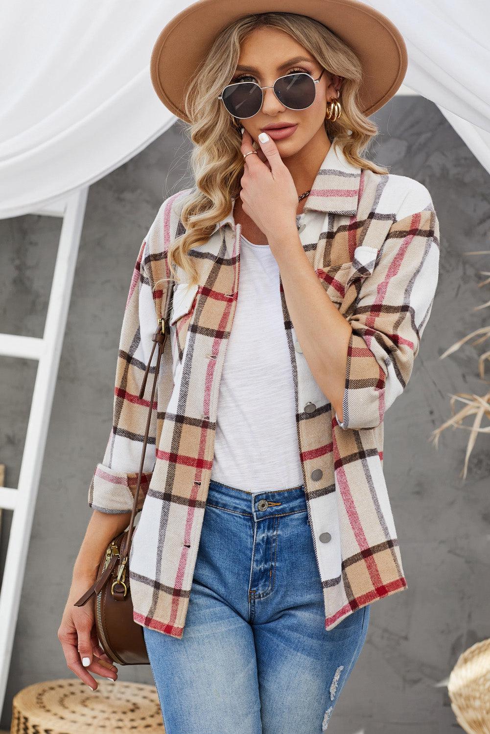 Plaid Button-Up Dropped Shoulder Shirt Jacket BLUE ZONE PLANET