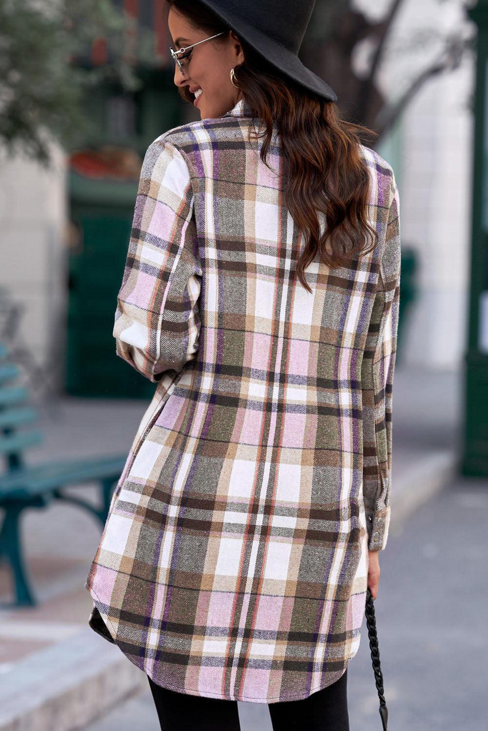 Plaid Button-Up Longline Shirt Jacket BLUE ZONE PLANET