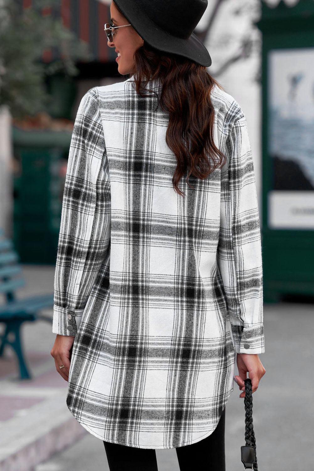 Plaid Button-Up Longline Shirt Jacket BLUE ZONE PLANET