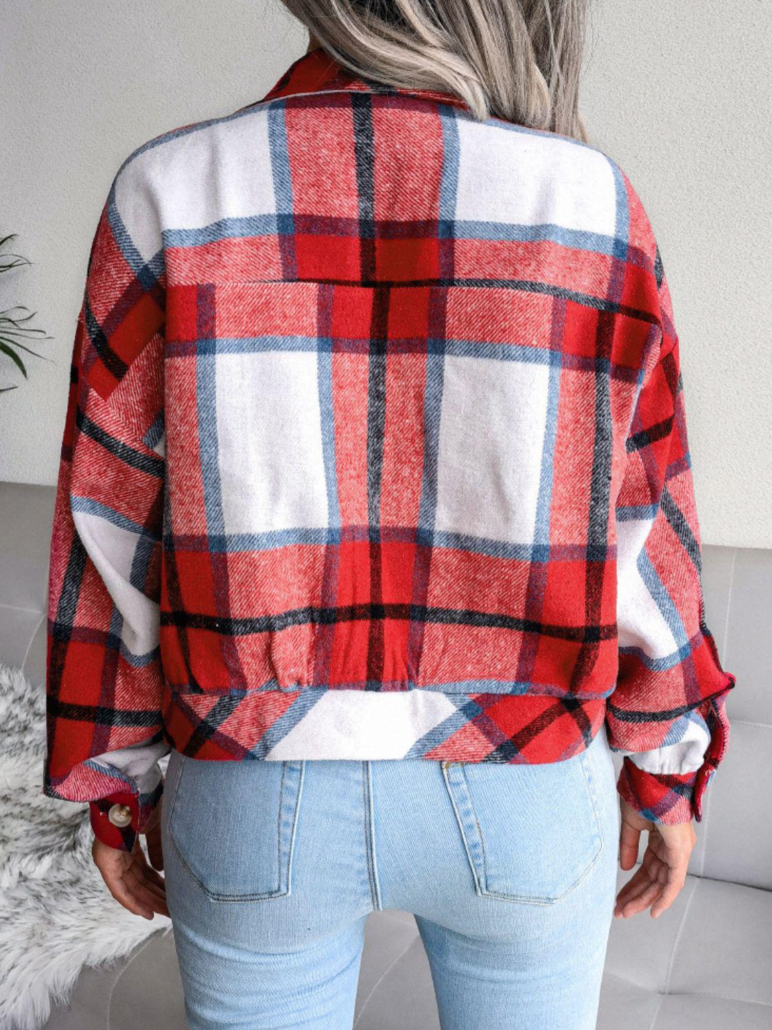 Plaid Collared Neck Drop Shoulder Jacket BLUE ZONE PLANET