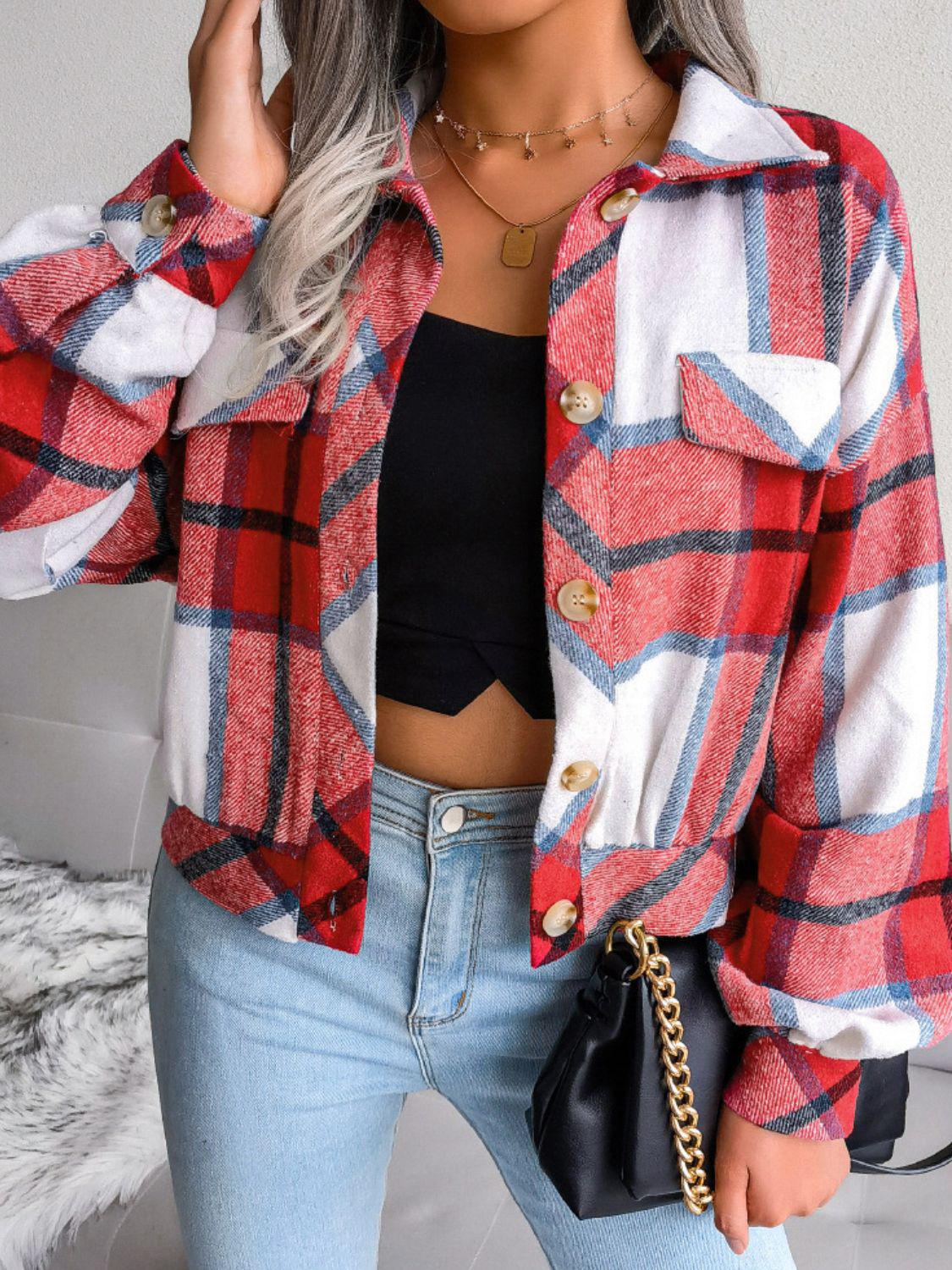 Plaid Collared Neck Drop Shoulder Jacket BLUE ZONE PLANET