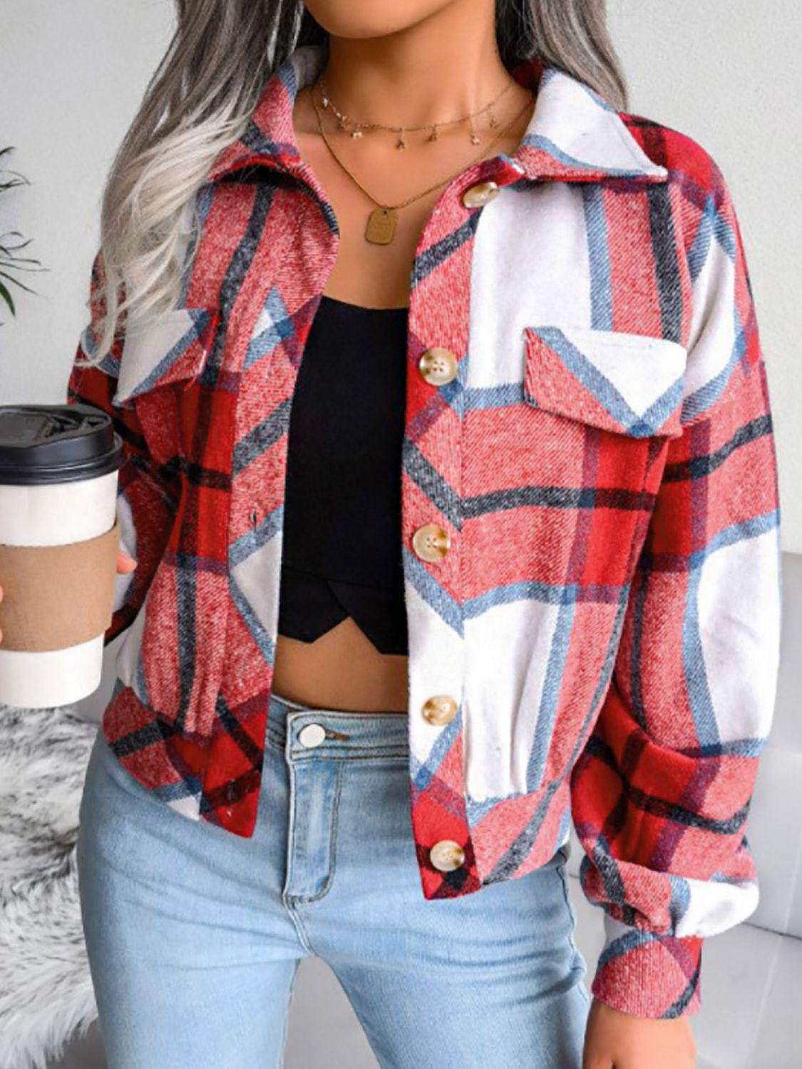 Plaid Collared Neck Drop Shoulder Jacket BLUE ZONE PLANET