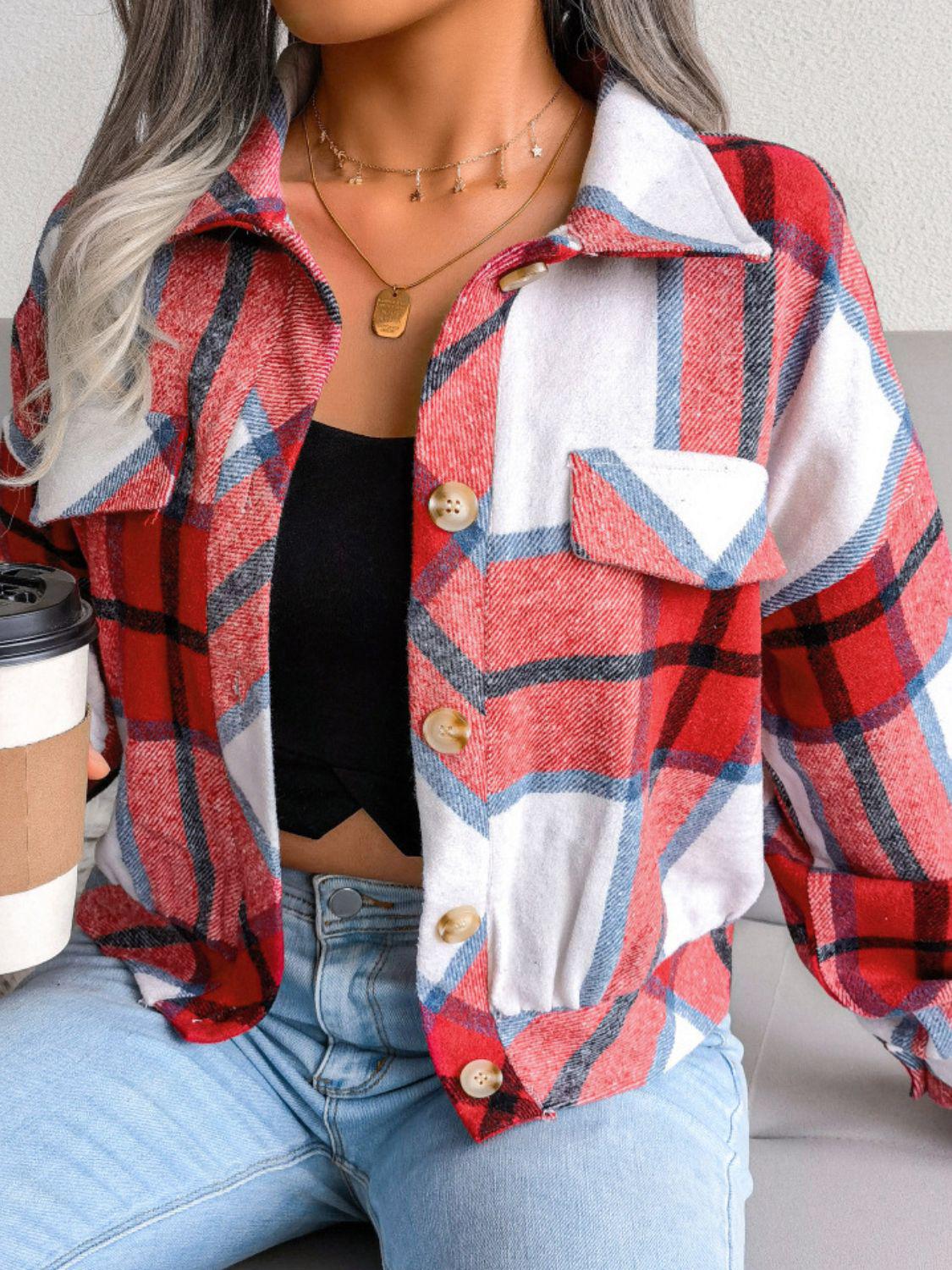 Plaid Collared Neck Drop Shoulder Jacket BLUE ZONE PLANET