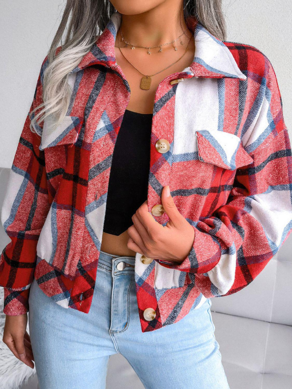 Plaid Collared Neck Drop Shoulder Jacket BLUE ZONE PLANET