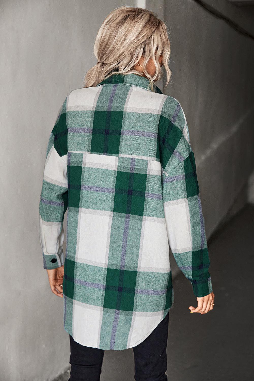 Plaid Collared Neck Longline Shirt BLUE ZONE PLANET