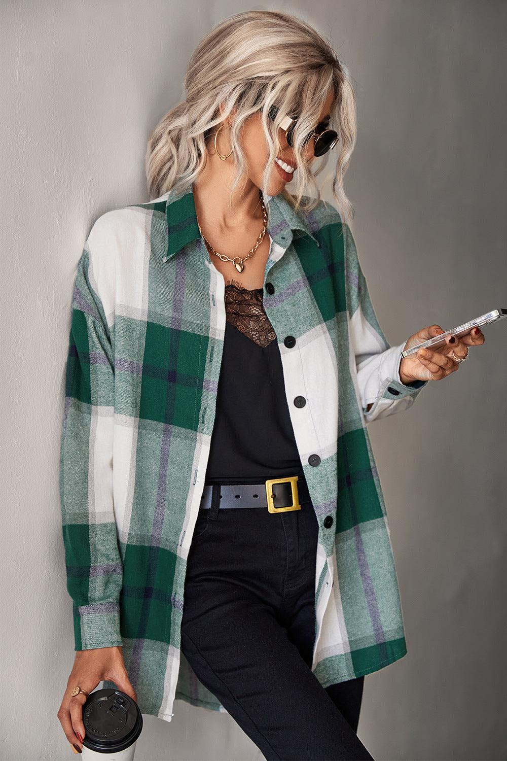 Plaid Collared Neck Longline Shirt BLUE ZONE PLANET
