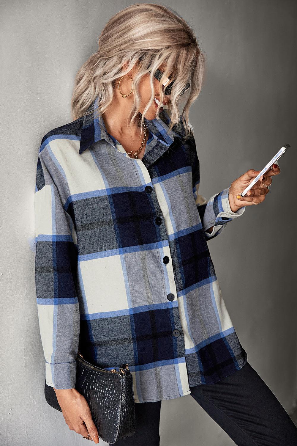 Plaid Collared Neck Longline Shirt BLUE ZONE PLANET