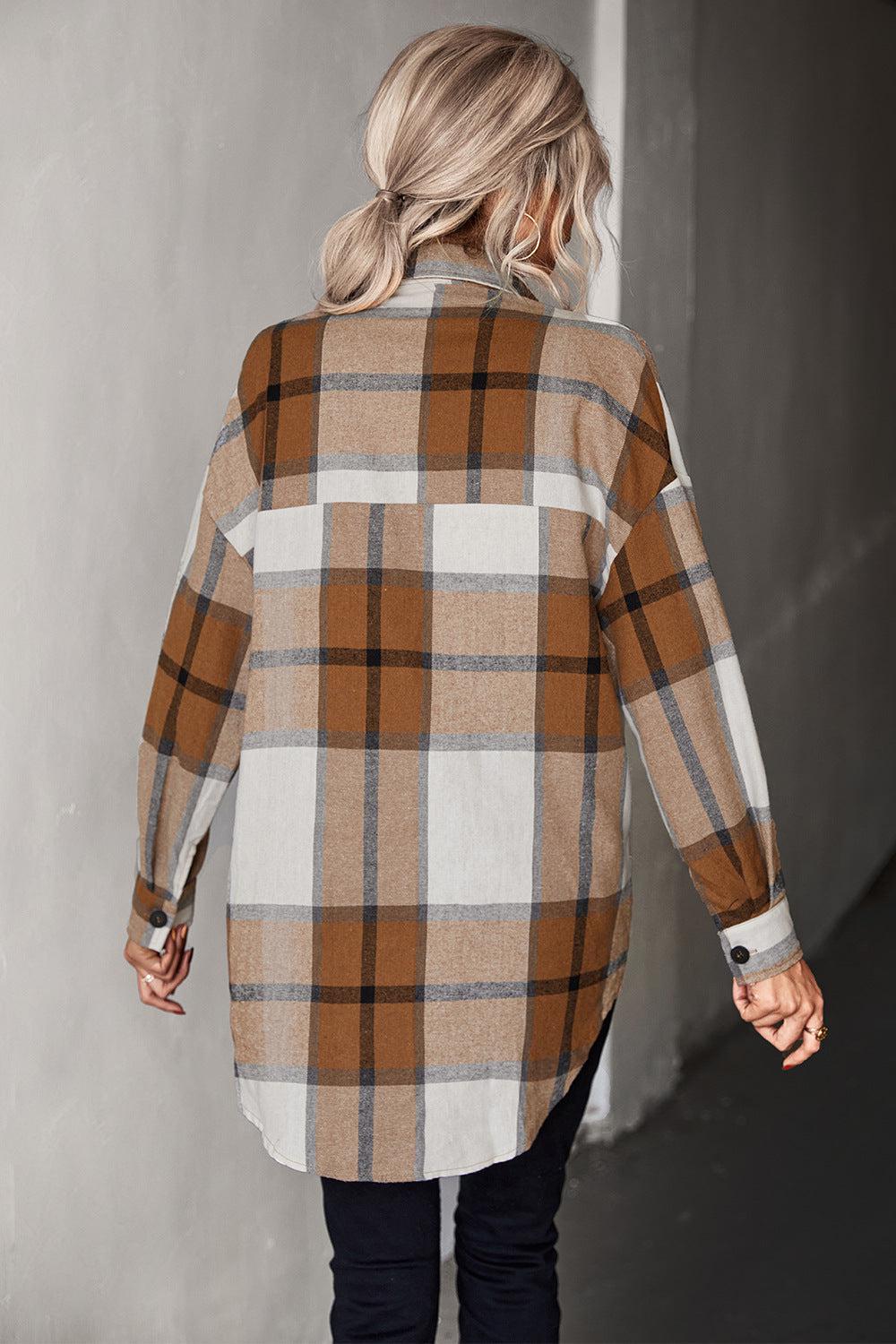 Plaid Collared Neck Longline Shirt BLUE ZONE PLANET