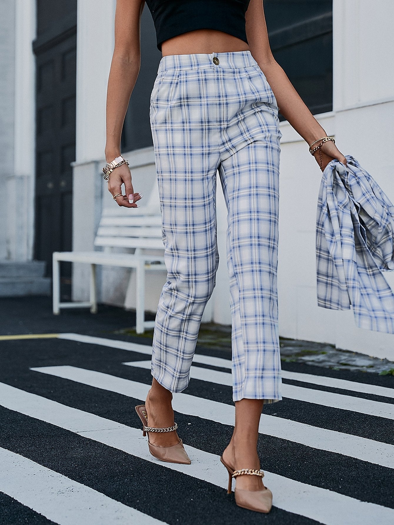 Plaid Cropped Pants with Side Pockets BLUE ZONE PLANET