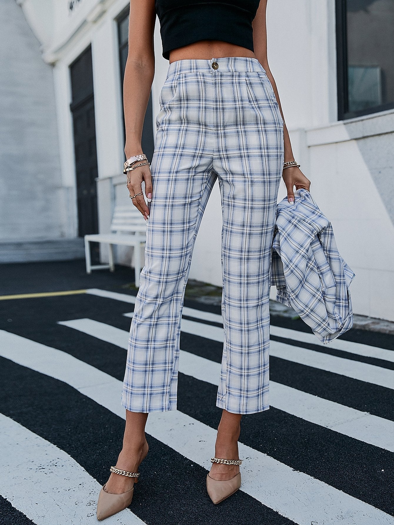 Plaid Cropped Pants with Side Pockets BLUE ZONE PLANET