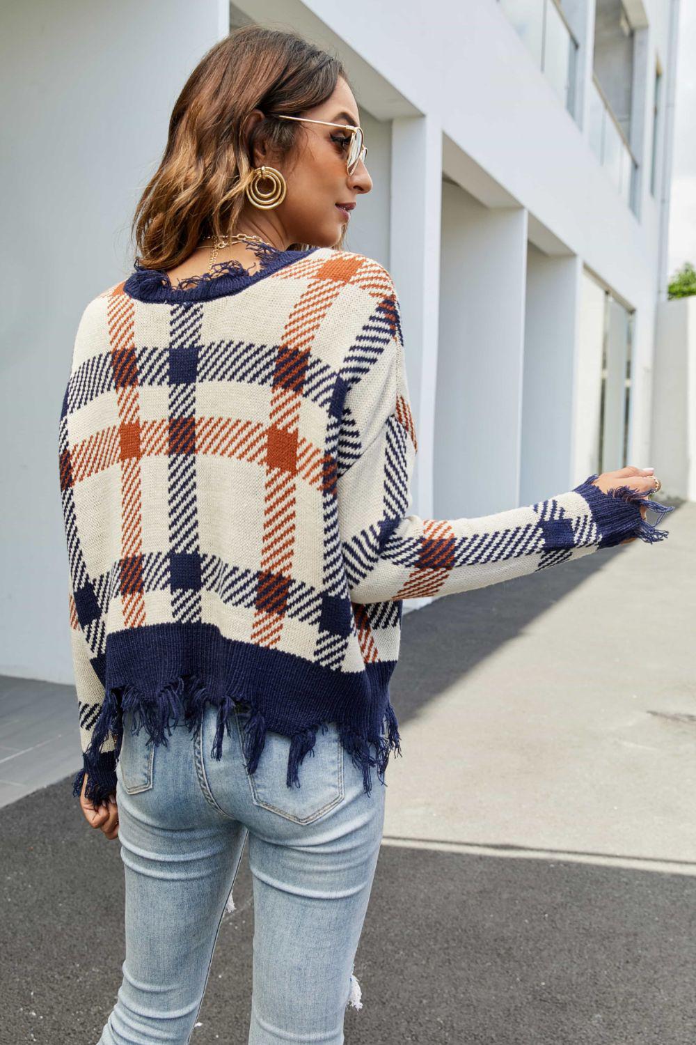 Plaid Distressed Drop Shoulder Sweater BLUE ZONE PLANET