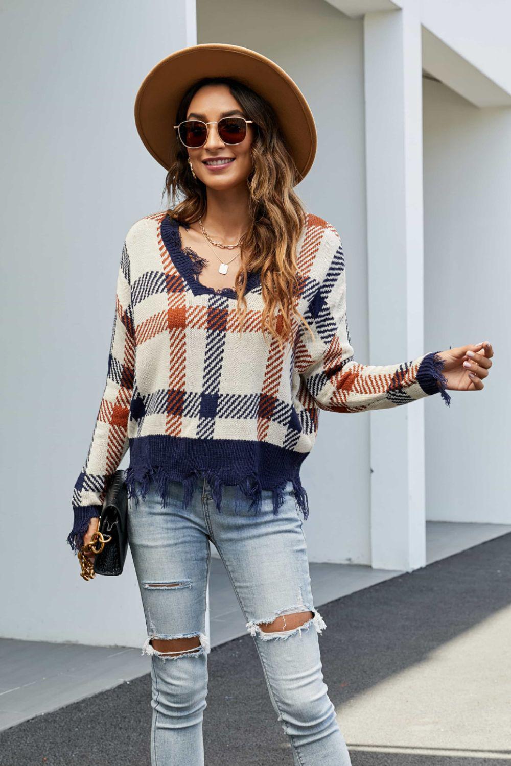Plaid Distressed Drop Shoulder Sweater BLUE ZONE PLANET