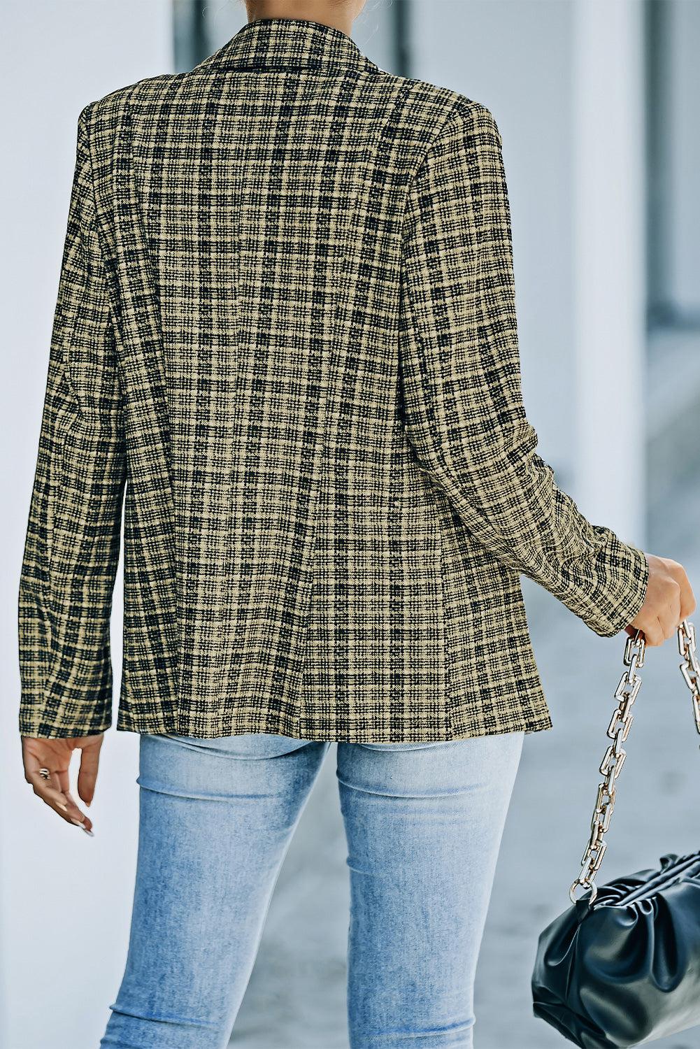 Plaid Double-Breasted Long Sleeve Blazer BLUE ZONE PLANET