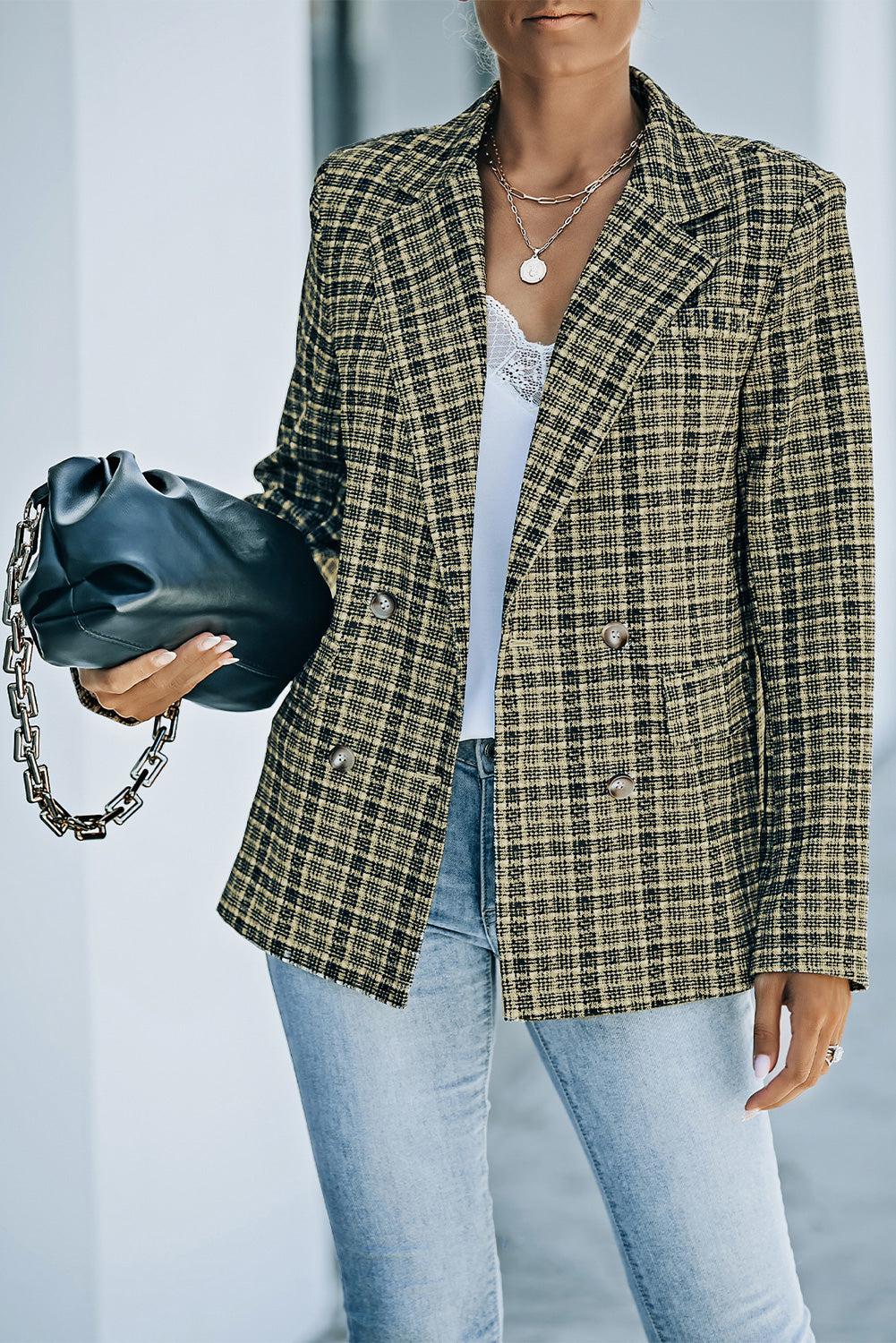 Plaid Double-Breasted Long Sleeve Blazer BLUE ZONE PLANET