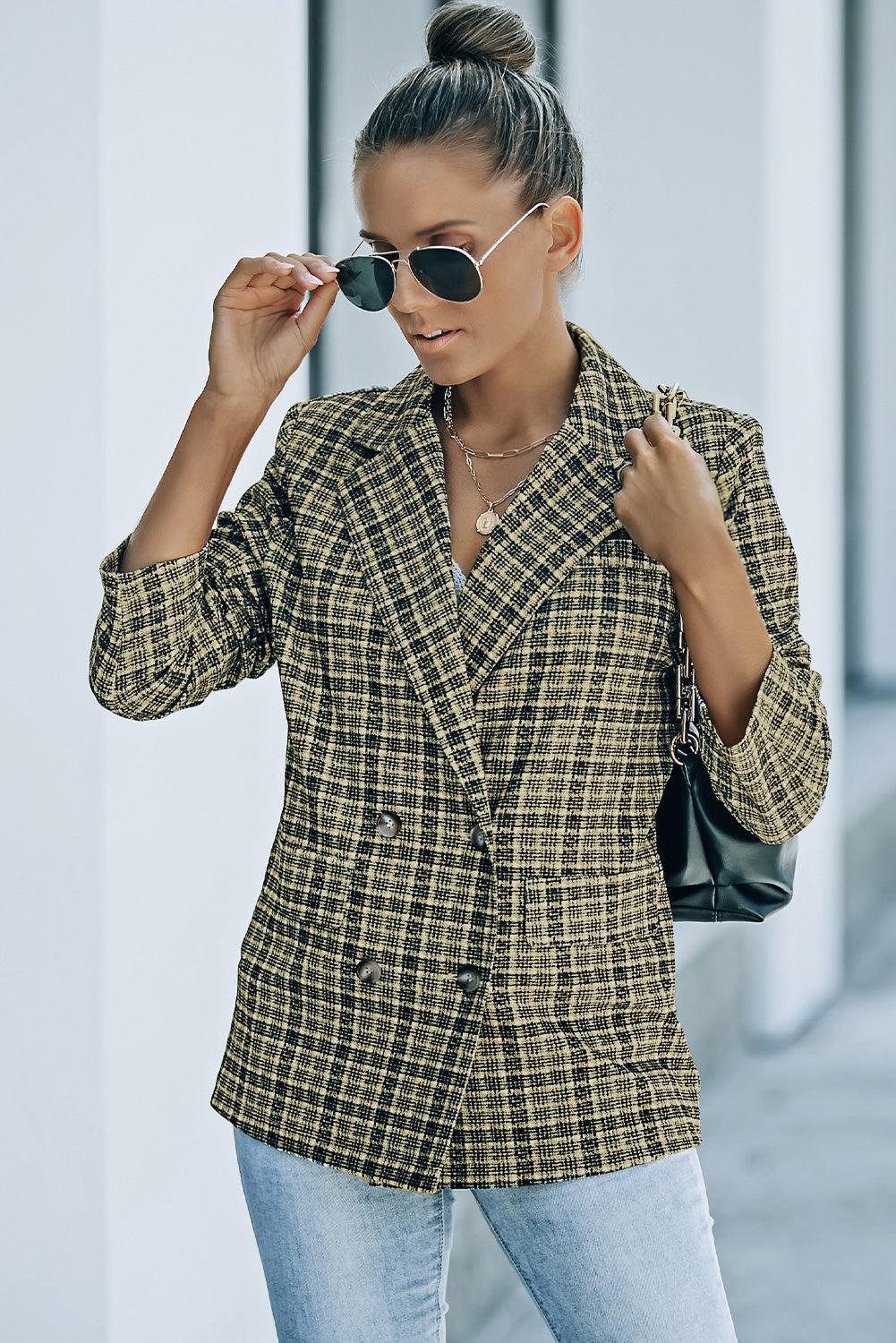 Plaid Double-Breasted Long Sleeve Blazer BLUE ZONE PLANET