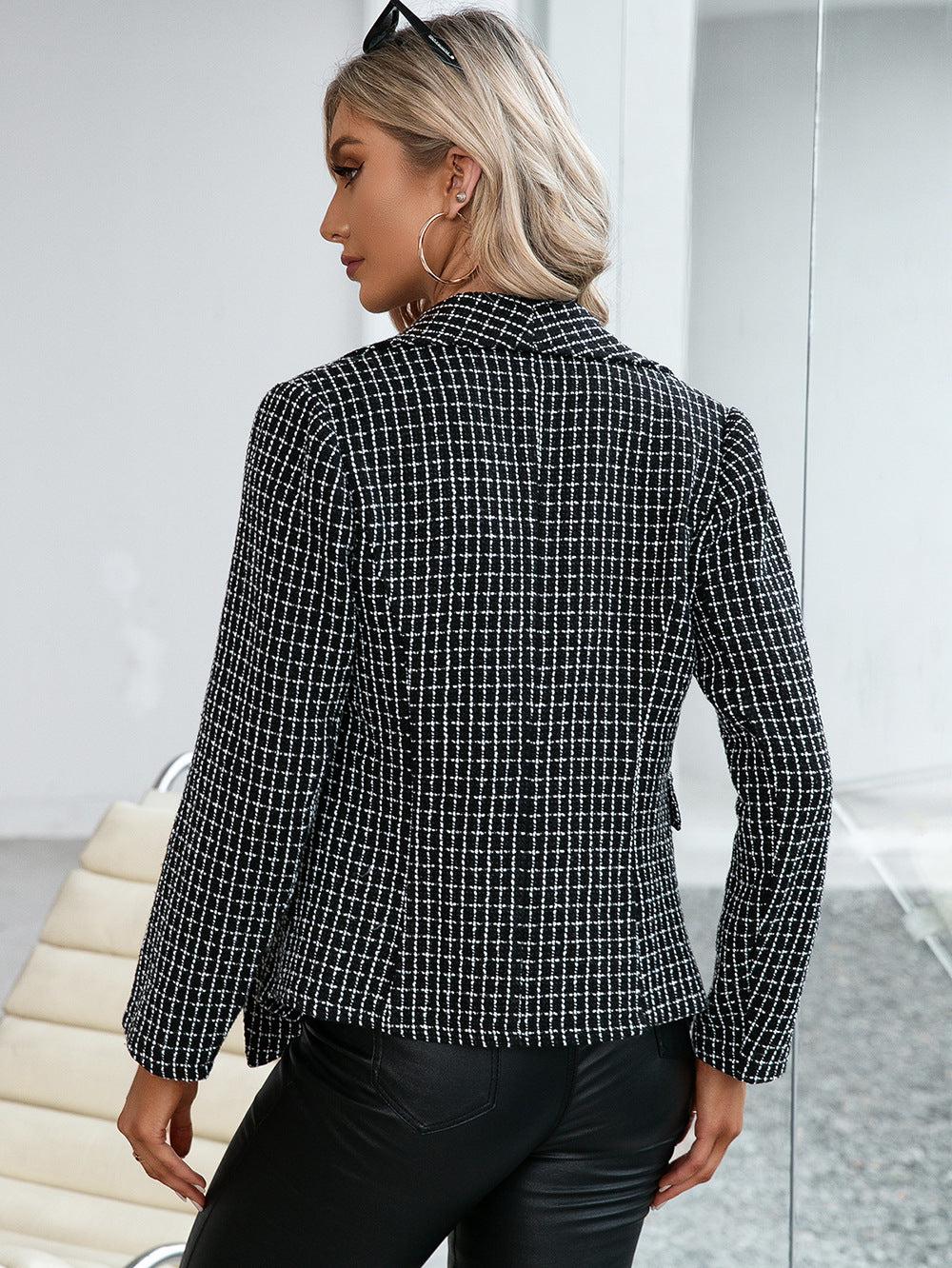 Plaid Double Breasted Long Sleeve Jacket BLUE ZONE PLANET