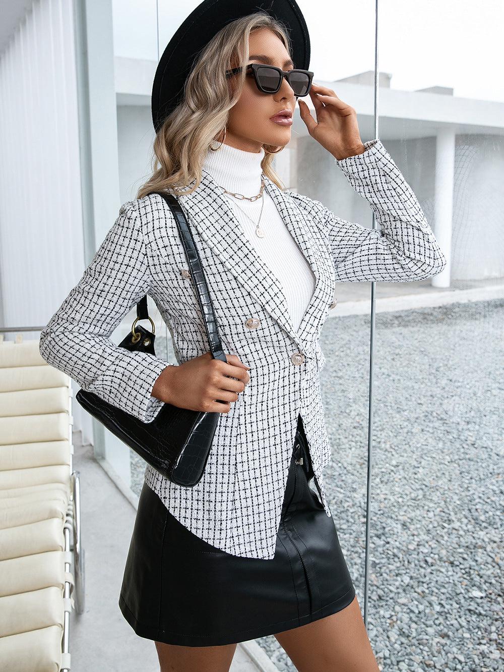 Plaid Double Breasted Long Sleeve Jacket BLUE ZONE PLANET