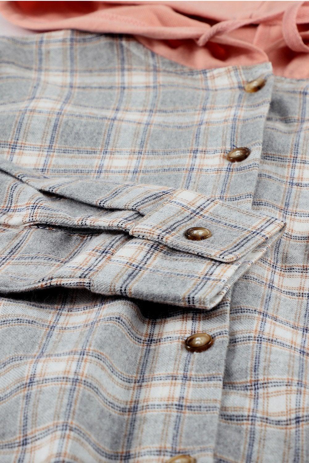Plaid Drawstring Hooded Shirt Jacket BLUE ZONE PLANET