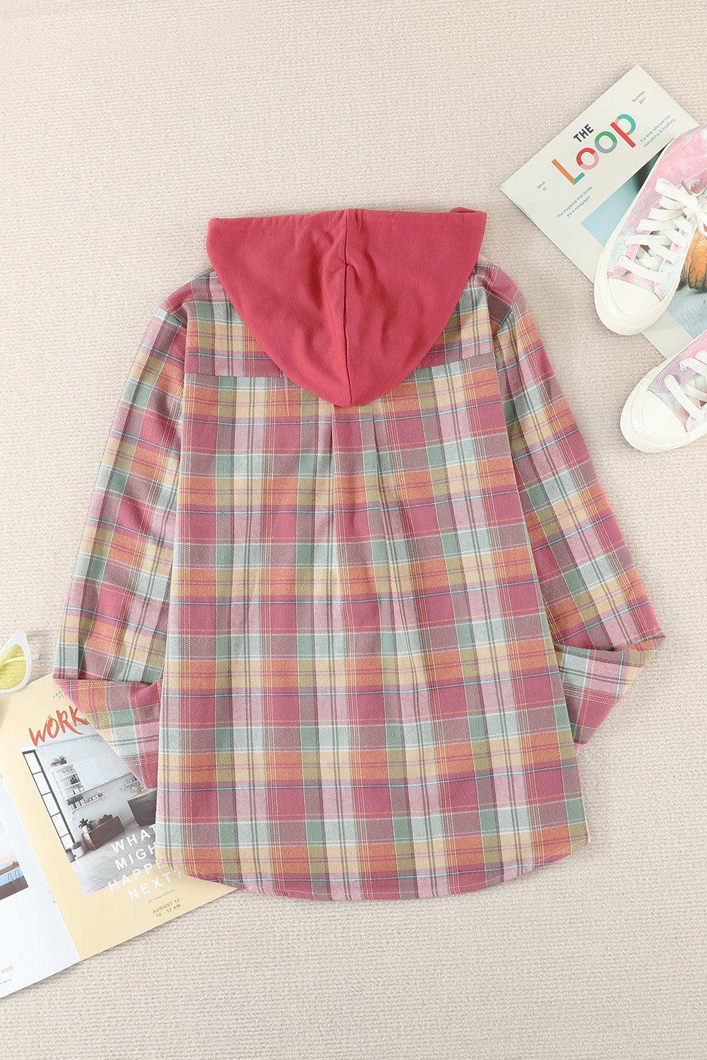 Plaid Drawstring Hooded Shirt Jacket BLUE ZONE PLANET