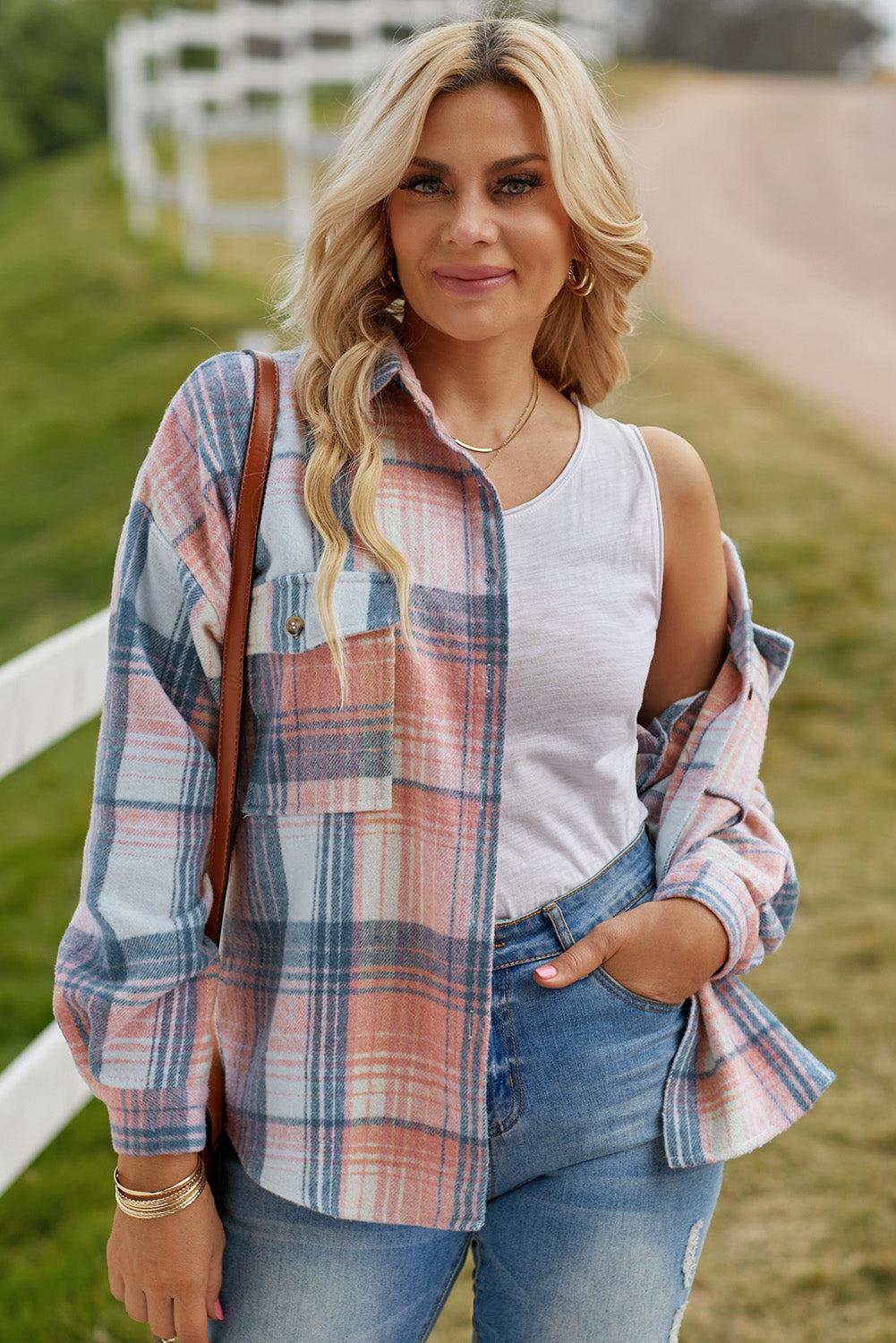 Plaid Dropped Shoulder Shacket BLUE ZONE PLANET