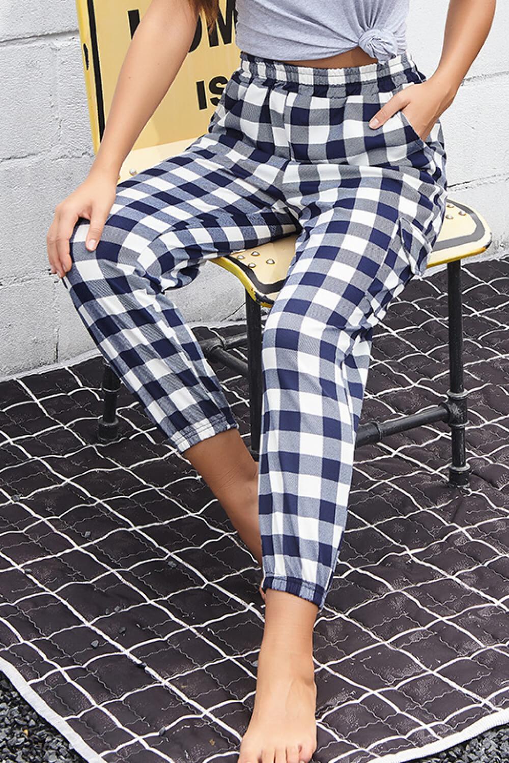 Plaid Elastic High Waist Cargo Pants BLUE ZONE PLANET
