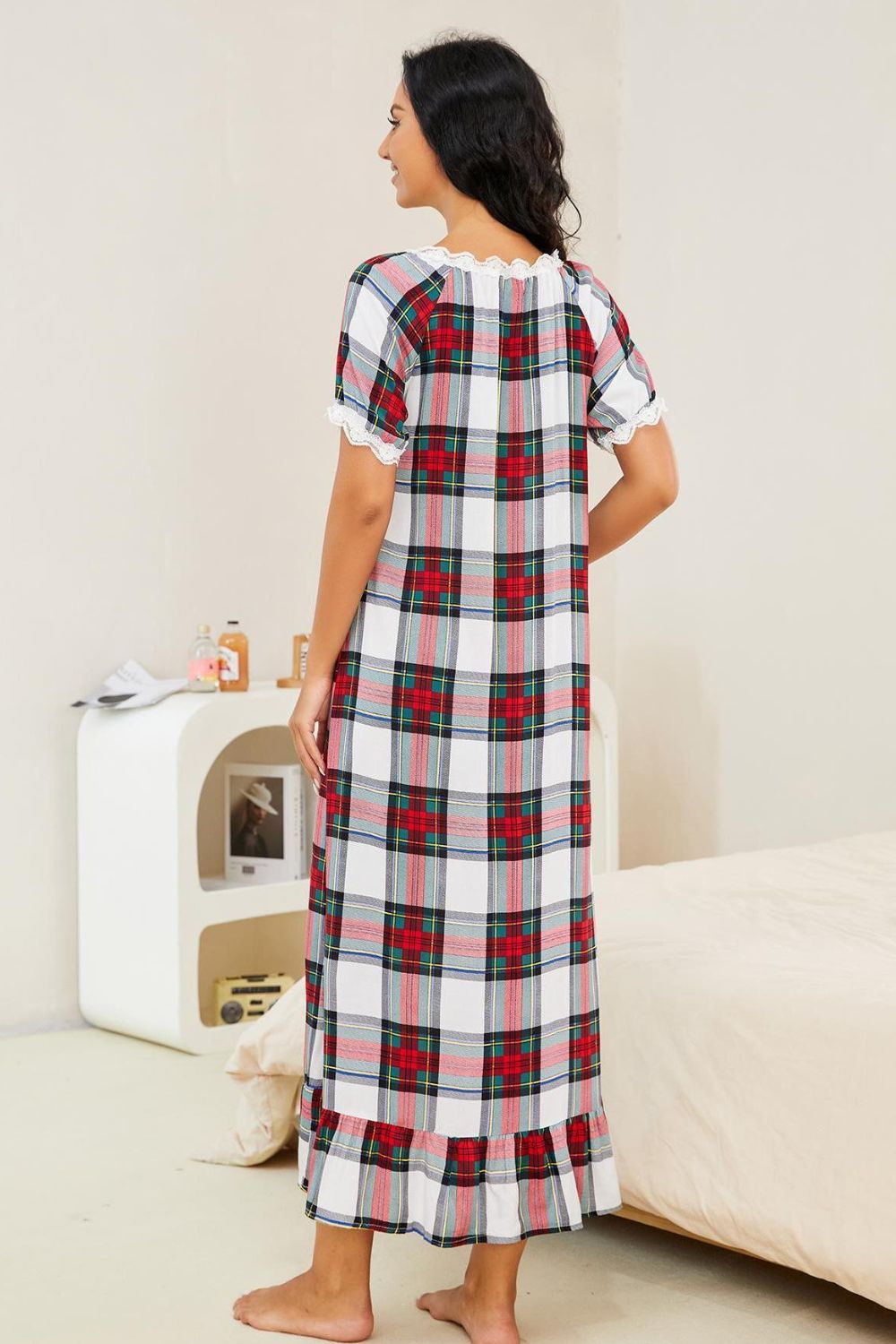 Plaid Lace Trim Ruffle Hem Night Dress BLUE ZONE PLANET