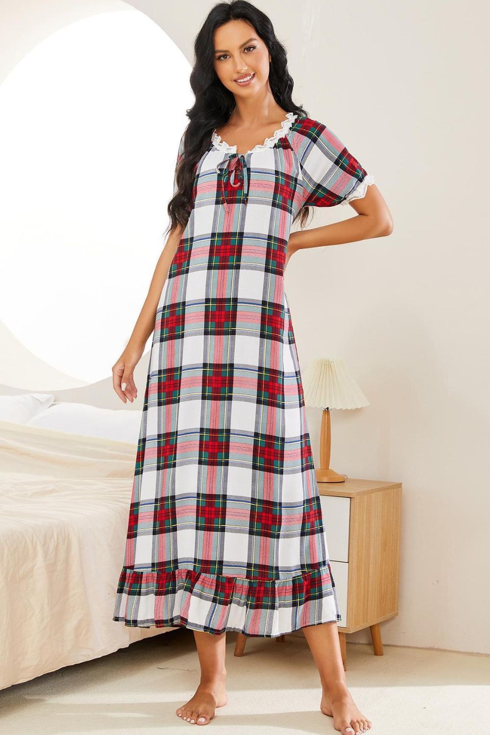 Plaid Lace Trim Ruffle Hem Night Dress BLUE ZONE PLANET