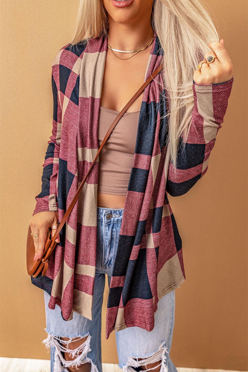 Plaid Open Front Cardigan BLUE ZONE PLANET