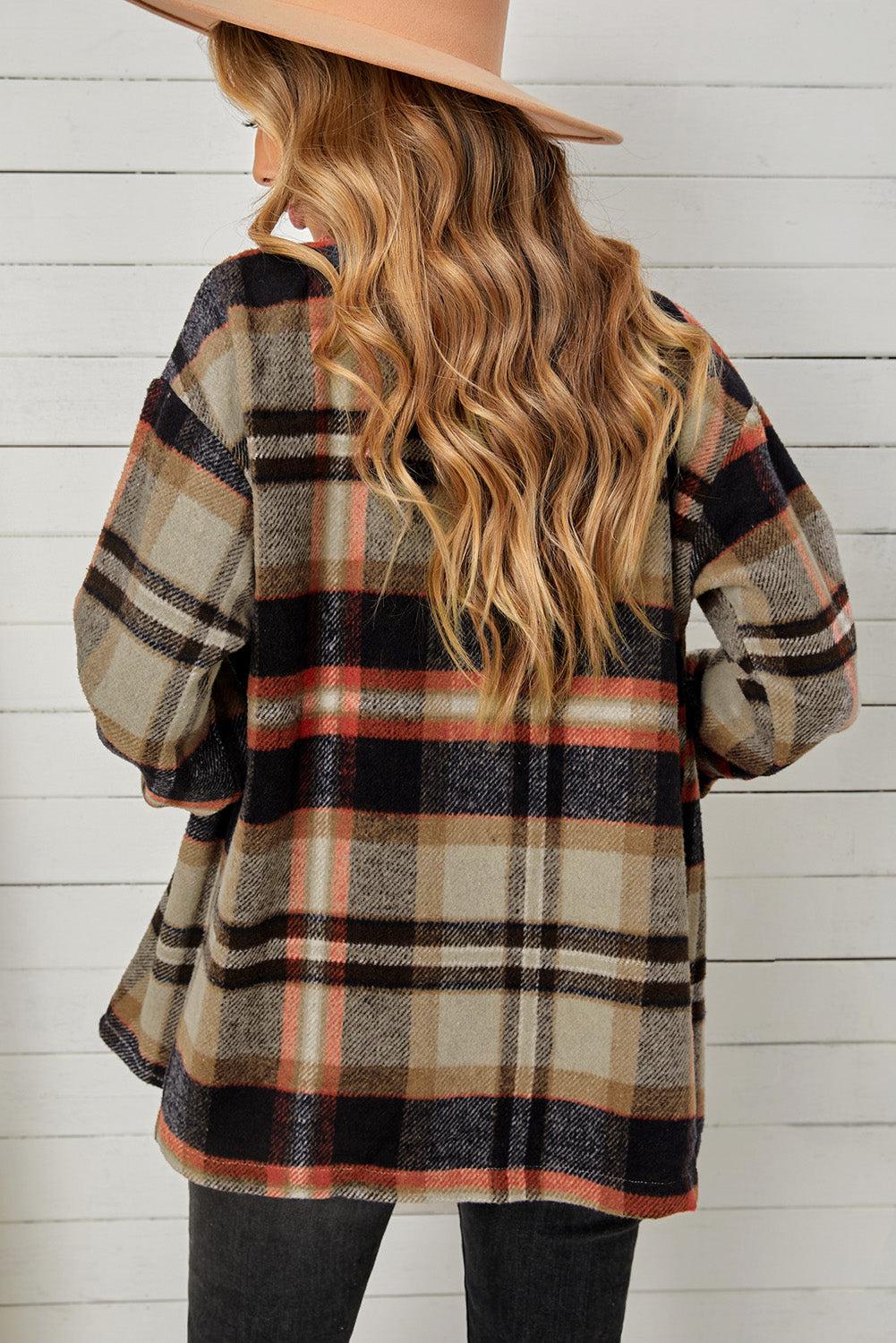 Plaid Pocketed Button Down Shacket BLUE ZONE PLANET