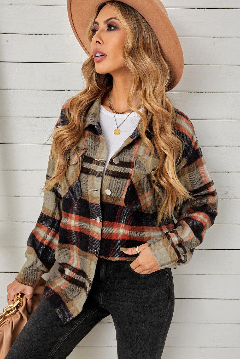 Plaid Pocketed Button Down Shacket BLUE ZONE PLANET