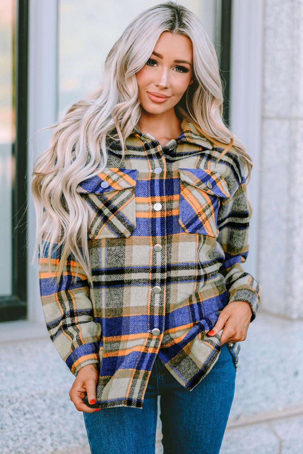 Plaid Pocketed Button Down Shacket BLUE ZONE PLANET