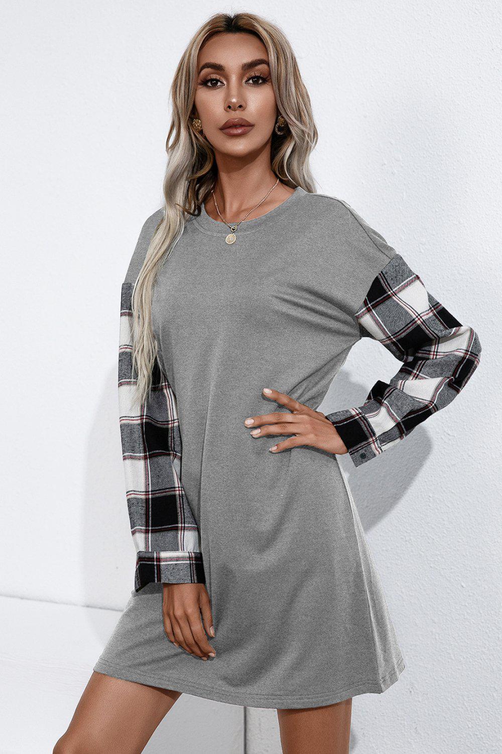 Plaid Sleeve Contrast T-Shirt Dress BLUE ZONE PLANET