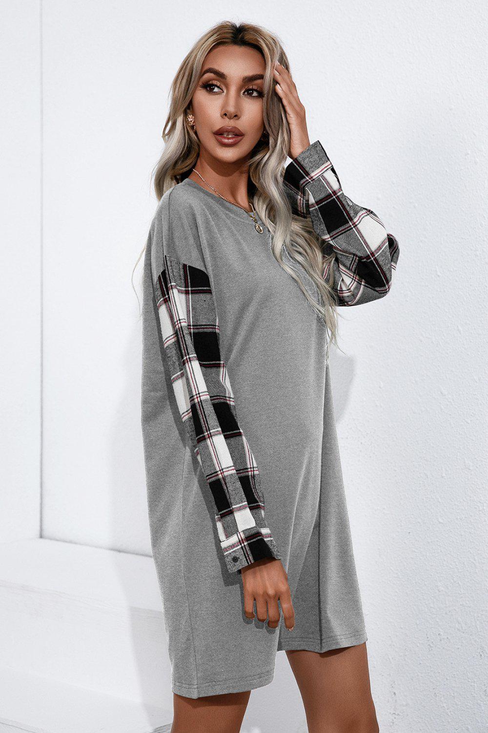 Plaid Sleeve Contrast T-Shirt Dress BLUE ZONE PLANET