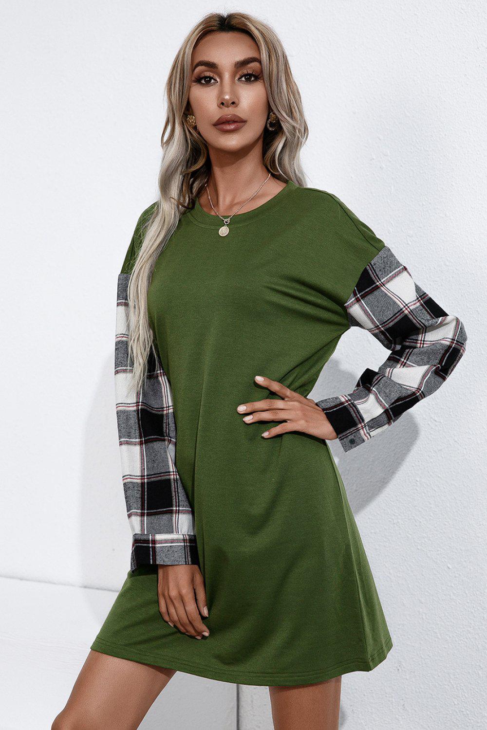 Plaid Sleeve Contrast T-Shirt Dress BLUE ZONE PLANET