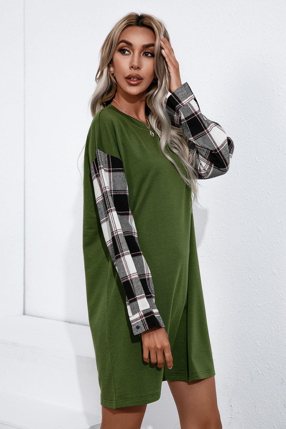 Plaid Sleeve Contrast T-Shirt Dress BLUE ZONE PLANET