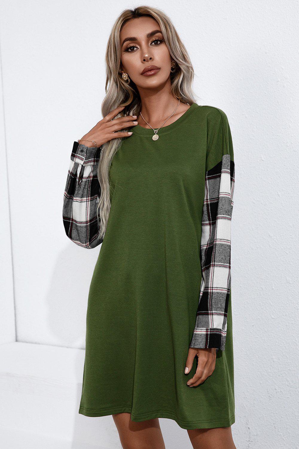 Plaid Sleeve Contrast T-Shirt Dress BLUE ZONE PLANET