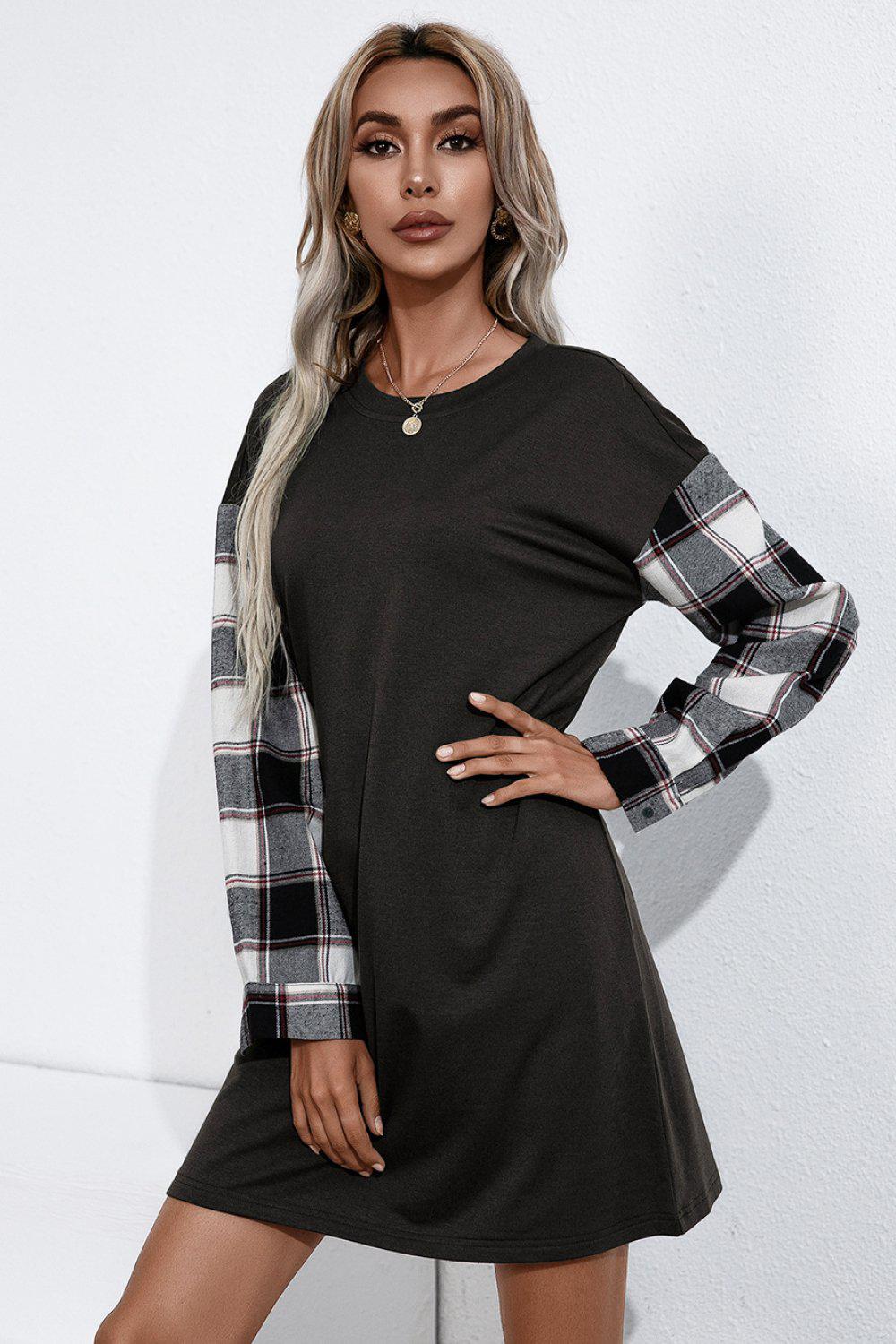 Plaid Sleeve Contrast T-Shirt Dress BLUE ZONE PLANET