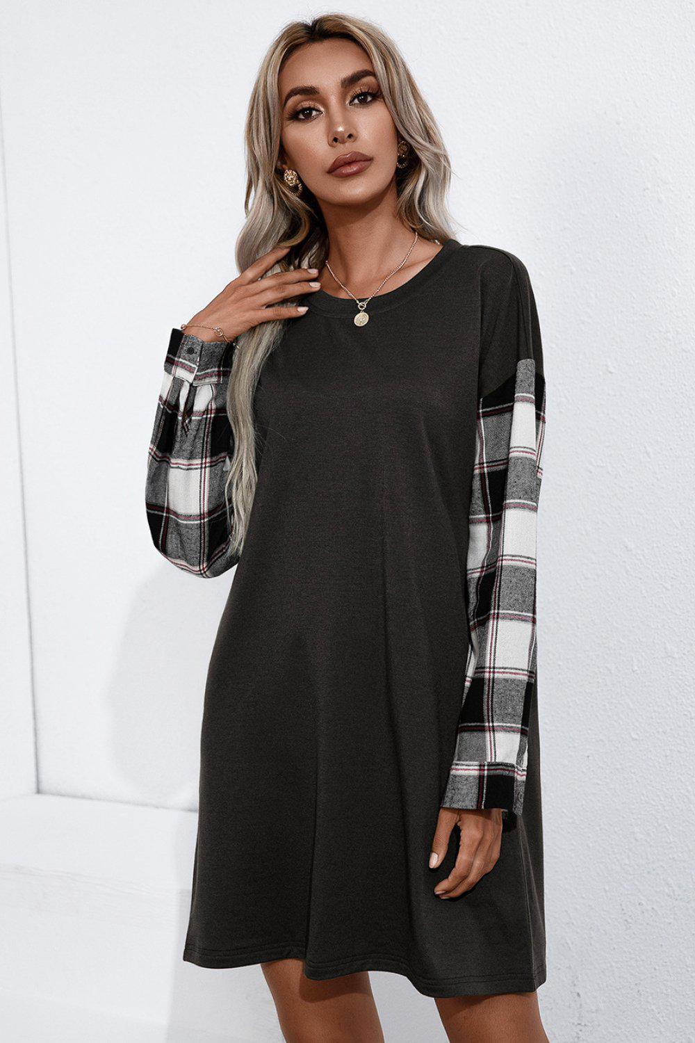 Plaid Sleeve Contrast T-Shirt Dress BLUE ZONE PLANET