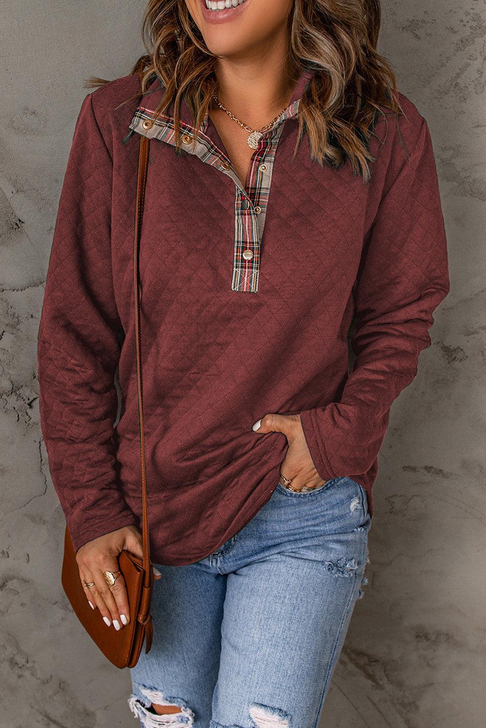 Plaid Snap Down Sweatshirt BLUE ZONE PLANET