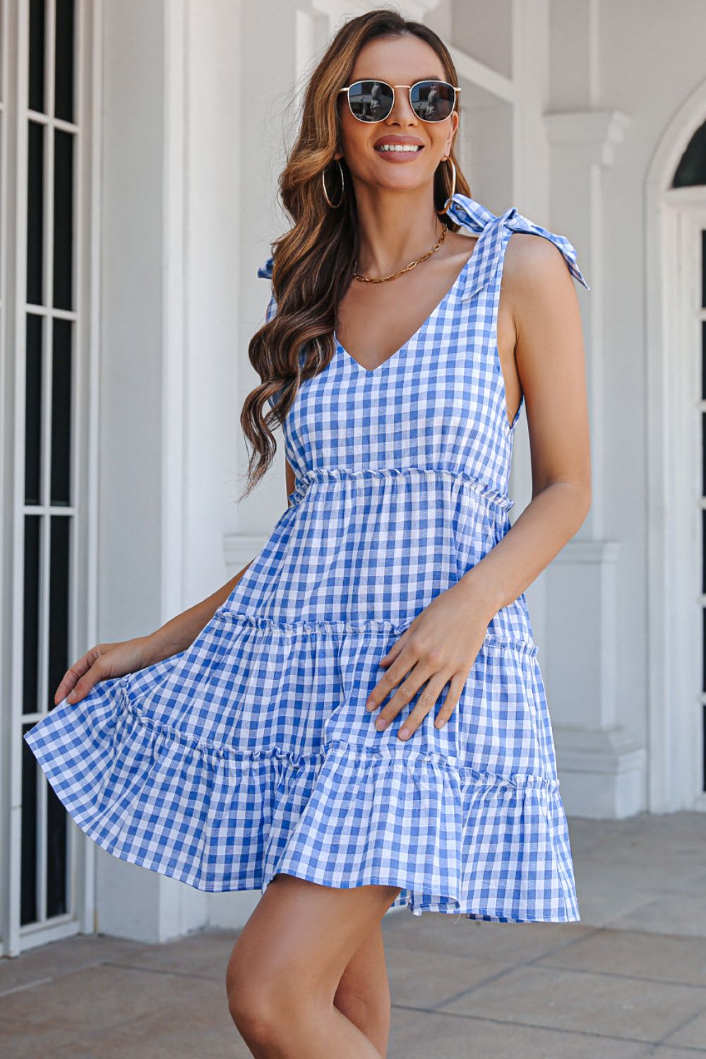 Plaid Tie Shoulder Frill Trim Tiered Mini Dress BLUE ZONE PLANET