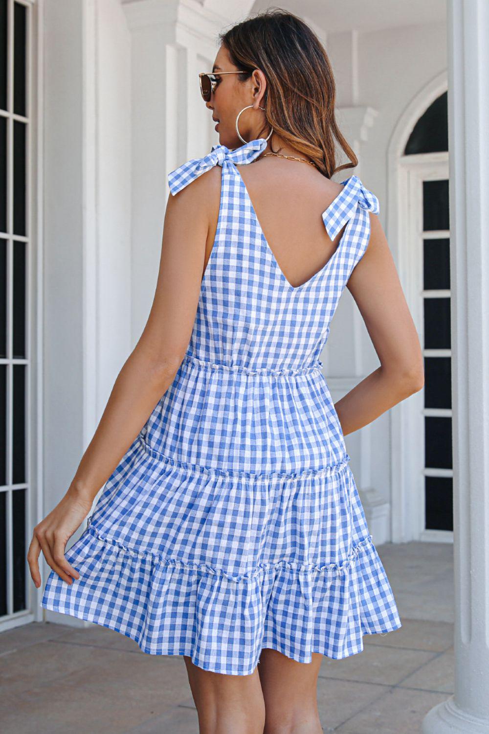 Plaid Tie Shoulder Frill Trim Tiered Mini Dress BLUE ZONE PLANET