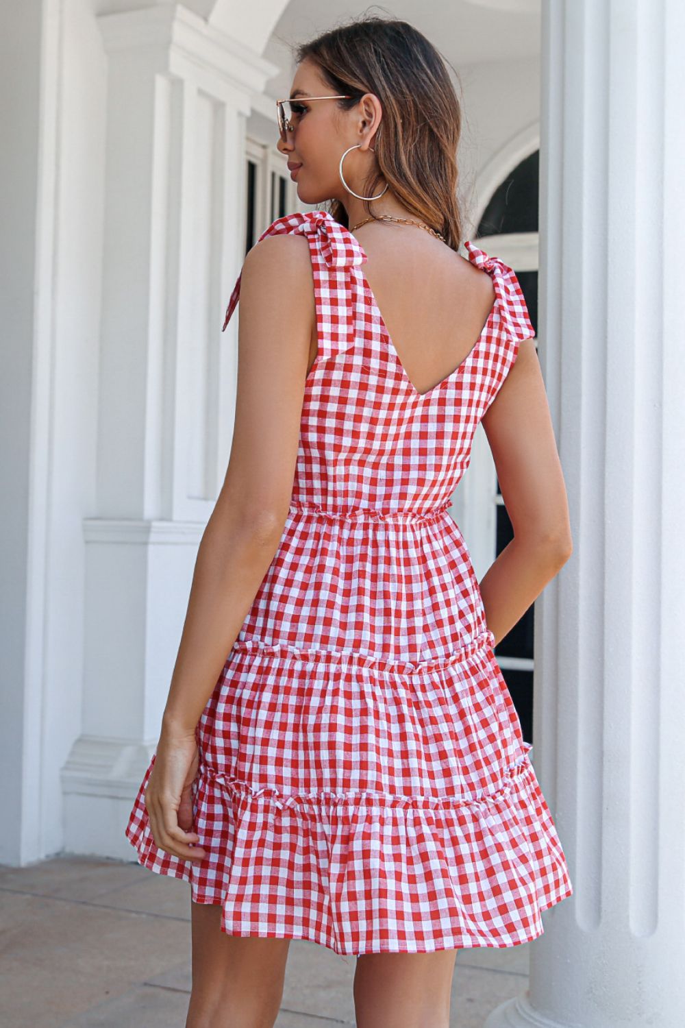 Plaid Tie Shoulder Frill Trim Tiered Mini Dress BLUE ZONE PLANET