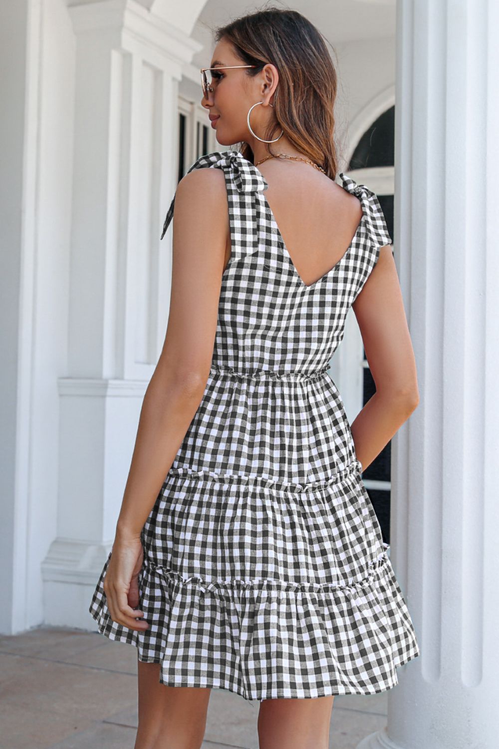 Plaid Tie Shoulder Frill Trim Tiered Mini Dress BLUE ZONE PLANET
